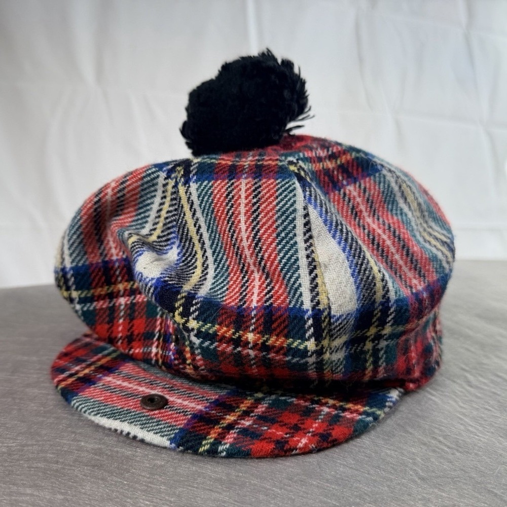 Vintage Scottish Tartan Tam Hat Wool Newsboy Cap Pom Pom 7 1/4 UK Golf/ Cabbie
